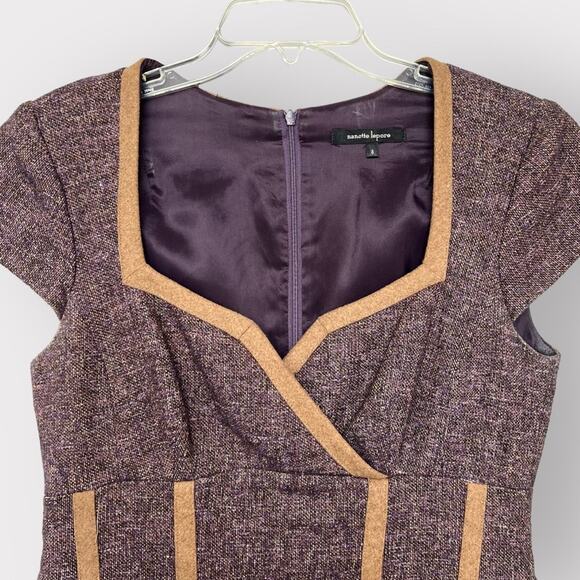 Nanette Lepore Purple and Tan Tweed Wool Dress Cap Sleeves Size 8 office - Picture 3 of 7